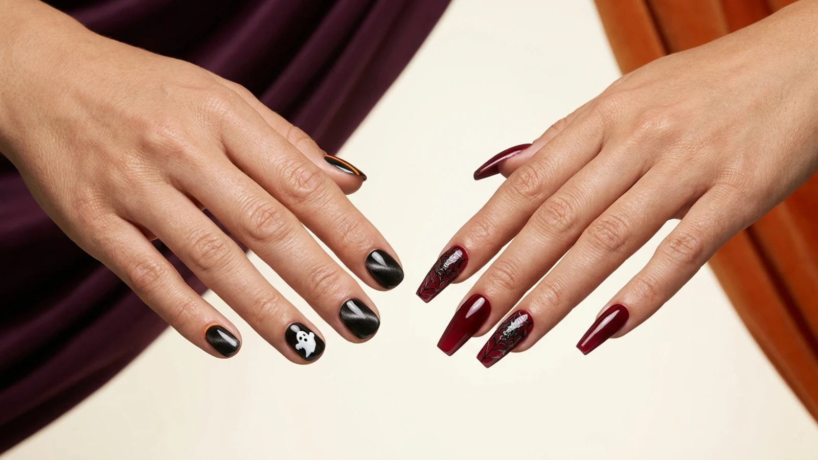 Gel and acrylic Halloween nail styles shown side by side