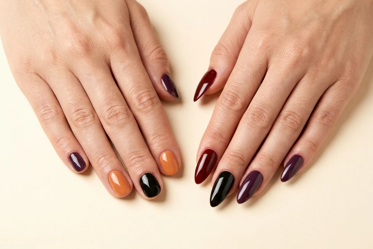Short flexible-look gel nails beside long sculpted acrylic nails