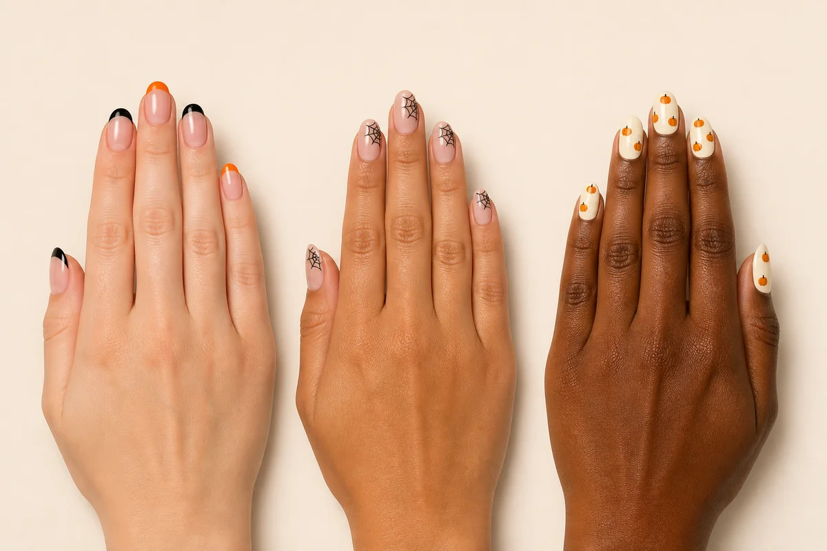 Beginner Halloween nail designs with French tips, spiderwebs and pumpkin dots