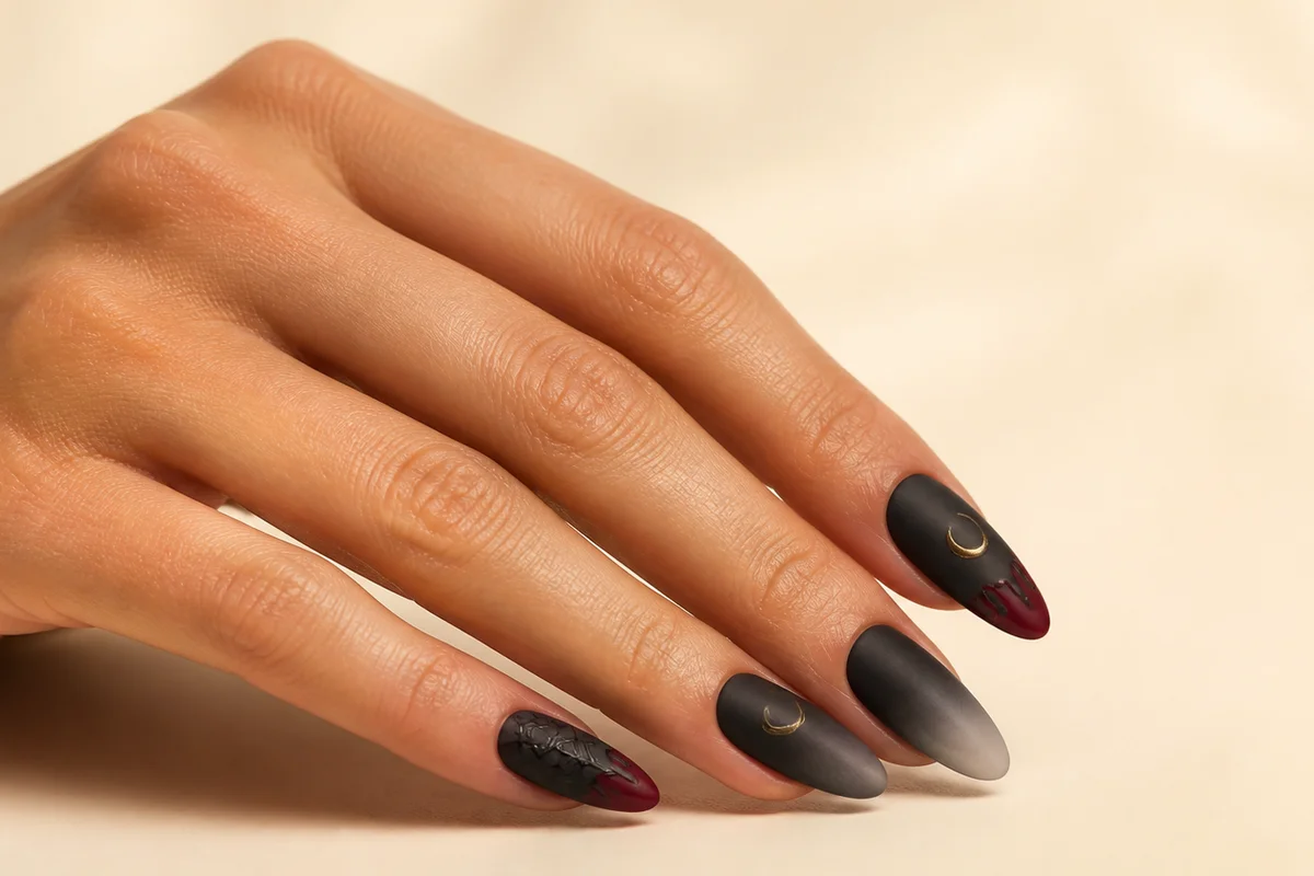Classy Halloween nails in matte black, burgundy and gold