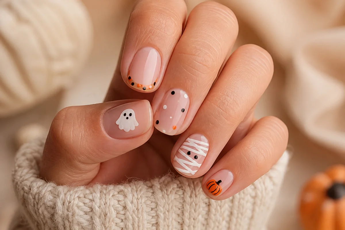 Cute and easy Halloween nails with ghosts, pumpkins and dots