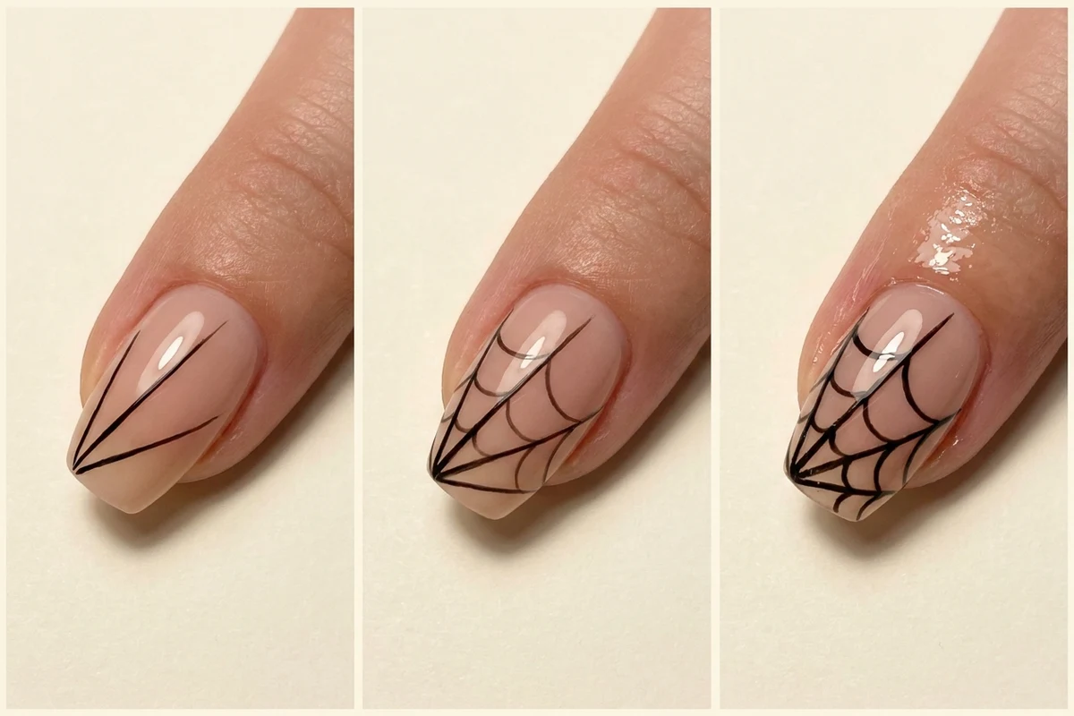Easy corner spiderweb Halloween nail tutorial